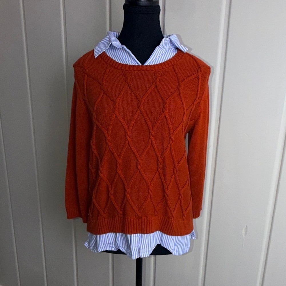 Alfred Dunner Petite Medium Rust Orange Cable Knit Layered Sweater Shirt Top PM